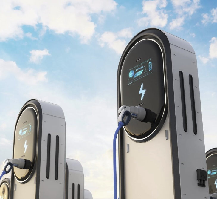 Two Electric Vehicle Charging stations against cloudy backdrop