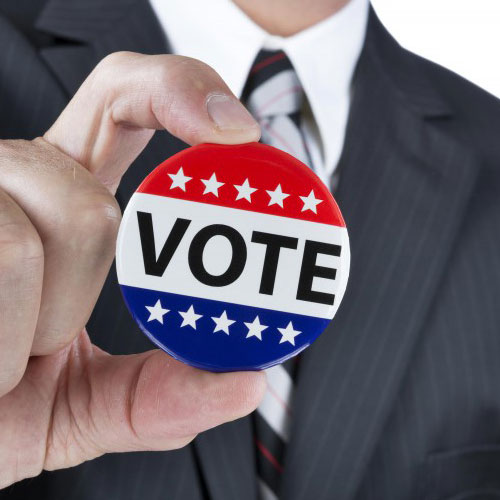 Person holding a vote pin